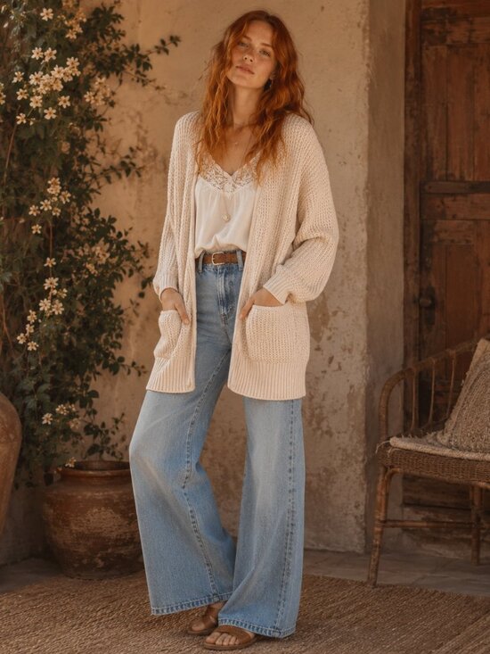 Universal Thread Sweaters - Universal Thread Beige Open Knit Cardigan Medium Cotton Open Front Pocket Sweate